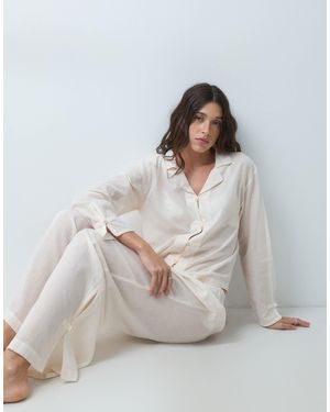 ASOS Woven Modal Long Sleeve Shirt And Wide Leg Trouser Pyjama Set With Satin Frog Tie Detail - Grey
