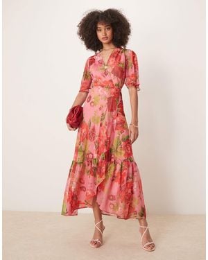 Hope & Ivy Flutter Sleeve Maxi Wrap Dress With Tie Waist - Red