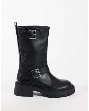TOPSHOP Lincon Stivali Con Suola Spessa Al Polpaccio Con Fibbie Neri - Nero