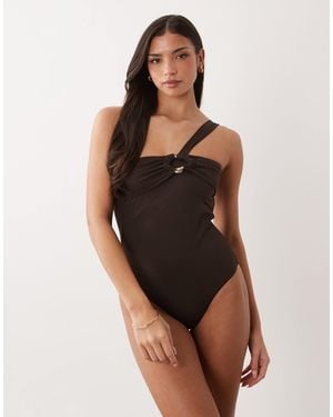 Mango Twist Detailed Swimsuit With Gold Accent - Brown