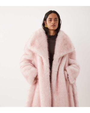 Kaiia Faux Fur Collared Belted Maxi Coat - Pink