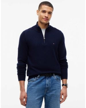 Tommy Hilfiger Pullover aus reiner lammwolle mit viertelreißverschluss - Blau
