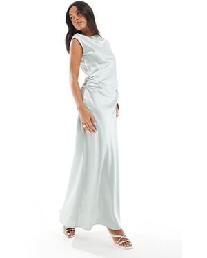 4th & Reckless Gathered Waist Drape Detail Slash Neck Satin Maxi Dress - White