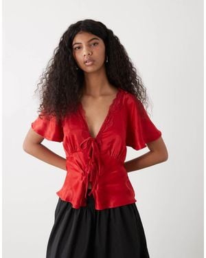 Reclaimed Vintage Tie Front Top With Lace Trims - Red