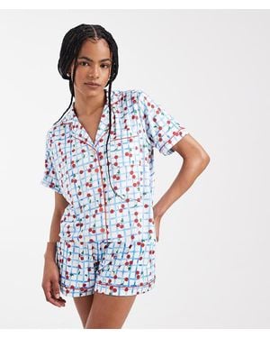 Threadbare Button Down Super Soft Short Pyjama Set With Cherry Print - Blue