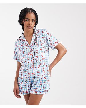 Threadbare Superzachte Korte Pyjamaset Met Knopen En Kersenprint - Blauw