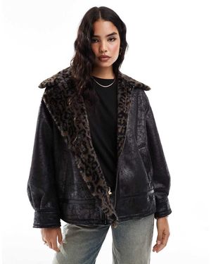 Stradivarius Str Distressed Aviator Jacket With Leopard Print Detail - Black
