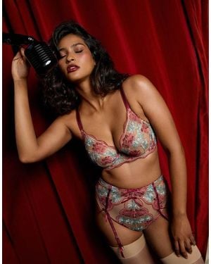 Playful Promises Persephone Ivory & Wine Floral Embroidery Plunge Bra - Red