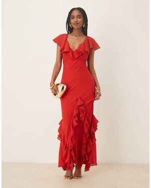 Pretty Lavish Uma Cap Sleeve Ruffle Maxi Dress - Red
