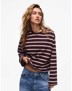 Bershka Striped Round Neck Sweatshirt - Red