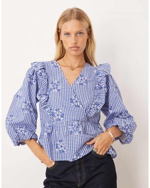 Y.A.S Frill Detail Gingham Blouse - Blue