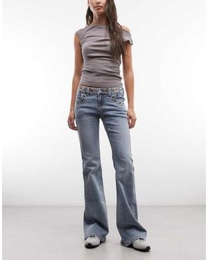 The Ragged Priest Low Rise Flare Jeans With Grommet Waistband - Blue