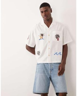 ASOS Oversized Revere Embroidered Shirt With Linen - White