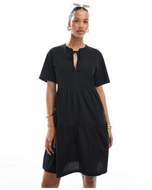 Threadbare Cotton Rich Tiered Short Sleeve Mini Dress With Keyhole Detail - Black