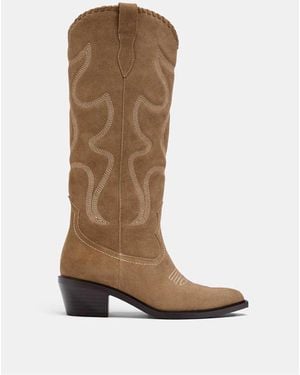 Stradivarius Heeled Cowboy Leather Boots - Brown
