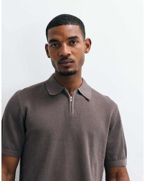 ASOS Relaxed Knitted Pointelle Half Zip Polo - Grey