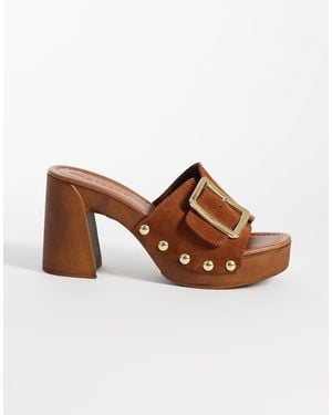 ASOS Hometown Premium Oversized Buckle Detail Heeled Mule Clogs - Brown