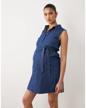 Mama.licious Mamalicious Maternity Sleeveless Tie Waist Button Front Denim Mini Dress - Blue