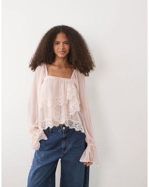 Miss Selfridge Chiffon And Lace Blouse - Blue