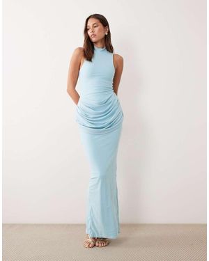 Wanderdoll Ari Sculpted High Neck Sleeveless Drape Detail Maxi Dress - Blue
