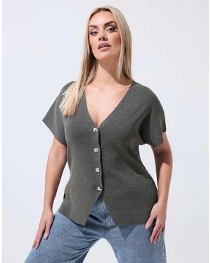 Yours Clothing Short Sleeve Knitted Top - Grey