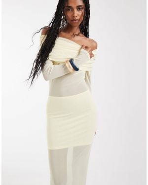 Aria Cove Mesh Bardot Long Sleeve Exposed Panel & Sheer Hem Maxi Dress - White