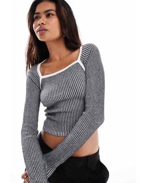 Something New Corpcore Ribbed Long Sleeve Top With Contrast Stitch - Grey