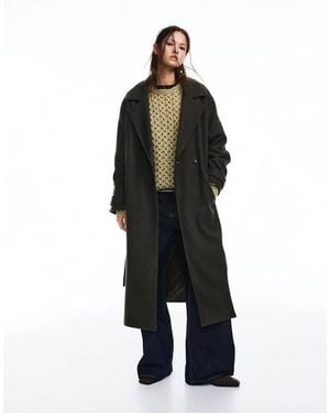 Pull&Bear Lange Jas Met Vilt Textuur En Riem - Zwart