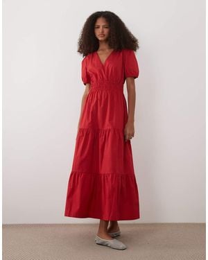 Threadbare Cotton Poplin V-neck Puff Sleeve Tie Midi Dress - Red