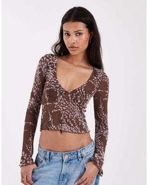 Motel Yamuna Long Sleeve Moonlit Blossom Scoop Neck Top - Brown