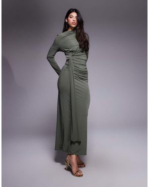 DASKA Vestido Largo Ceñido Con Cuello Alto Y Detalle De Lazada De -Verde - Gris