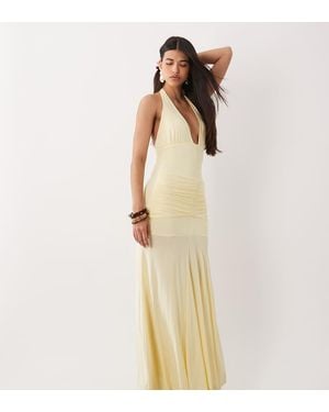 Fashionkilla Exclusive Double Sculpted Slinky V Neck Halterneck Ruched Front Detail Maxi Dress - Natural