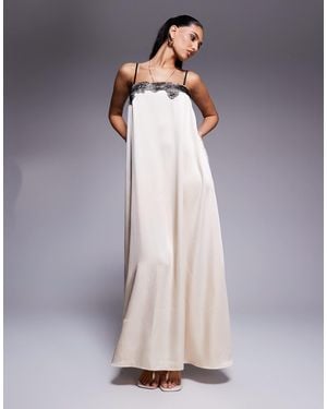 Kaiia Exclusive Square Neck Contrast Lace Detail Cami Trapeze Satin Maxi Dress - Purple