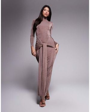 Aria Cove Slinky High Neck Knot Drape Front Maxi Dress - Purple