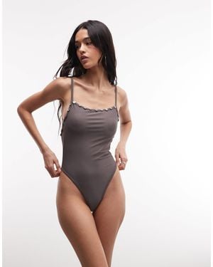 Collusion Button Trim Straight Neck Swimsuit - White