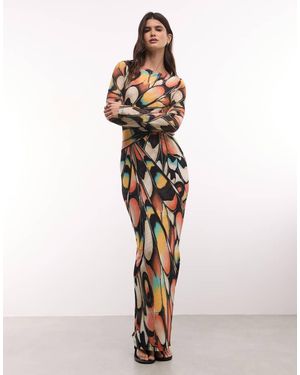 AFRM Vestido Maxi De Manga Larga Con Cuello Barco Y Malla Con Estampado Integral De Mariposas-Multi - Neutro