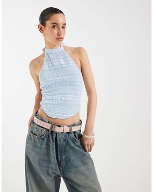 Motel Adisti Sequin Mesh High Neck Tie Up Top - Blue