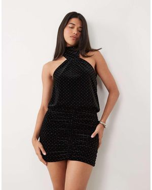 Ruched & Ready Velvet Hotfixhigh Neck Detail Blouson Waist Mini Dress - Black