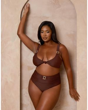 Moda Minx Curve X Alessa Tyrrell-charles Ruched Bikini Bottoms With Faux Gem Detail - Brown