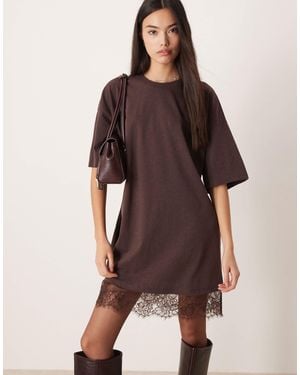 ASOS Oversized Mini Dress With Lace Hem Trim - Brown