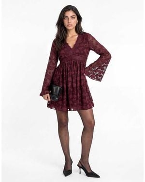Lovedrobe Floral Burnout Lace Detail Long Sleeve Mini Dress - Red