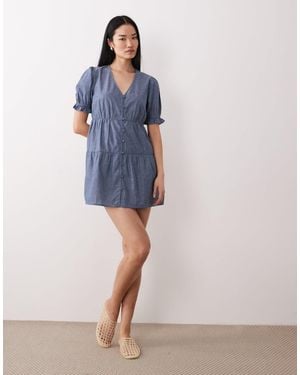Wednesday's Girl Chambray Smock Mini Dress - Blue