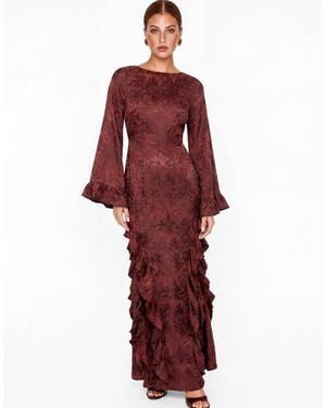Maya Floral Jacquard Waterfall Ruffle Satin Maxi Dress - Red