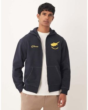 ASOS Hoodie Met Rits, Sportprint En Contrasterende Stiksels - Blauw