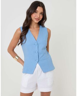 Threadbare Linen Blend V-Neck Waistcoat - Blue