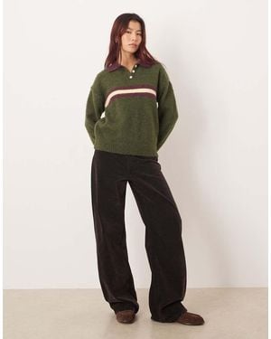 Motel Marvina Striped Knit Polo Jumper - Green