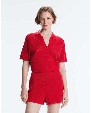 Oysho Cotton Blend Openwork Knit Polo - Red