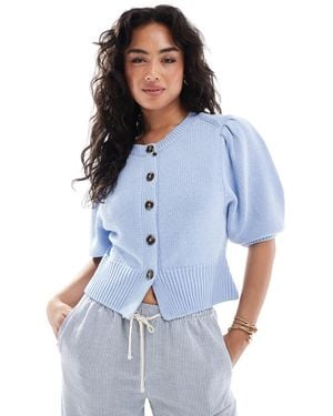 ASOS Crew Neck Cardigan With Puff Sleeve - Blue