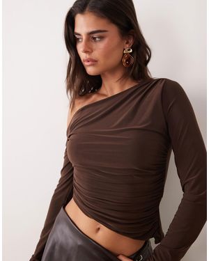 Missy Empire Slinky Asymmetric Ruched Long Sleeve Top - Brown