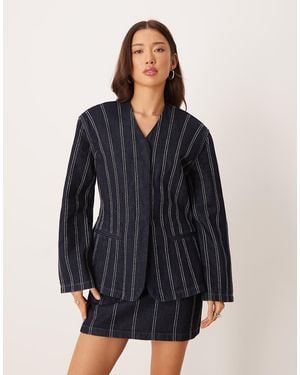 ASOS Denim Structured Navy Pinstripe Blazer Co-ord With Shoulder Pad - Blue